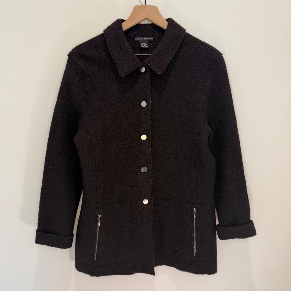 100% Wool Jacket Women's Small Chocolate Brown Button Up Pockets Vintage 90s - Picture 2 of 10